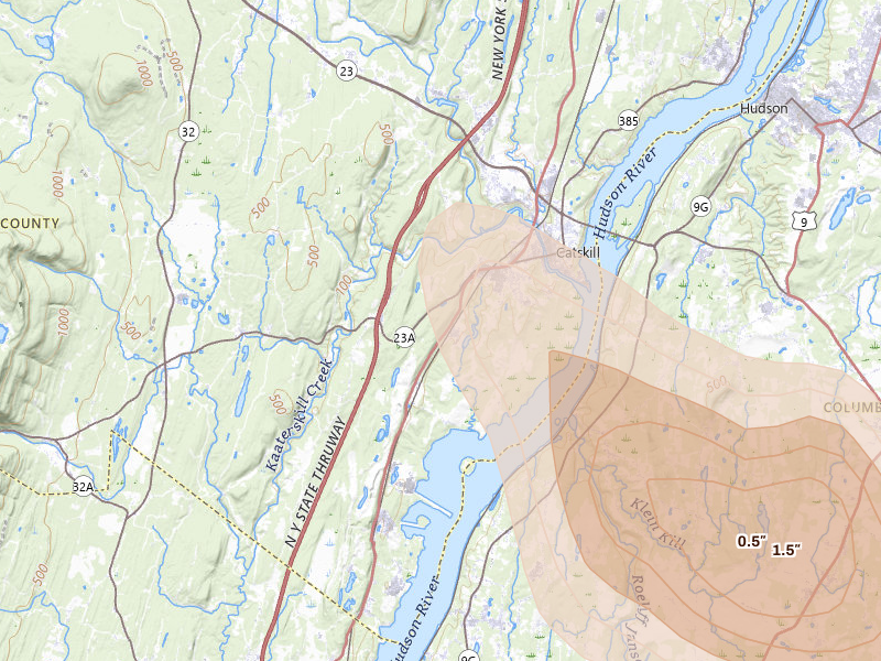 Radar-estimated hail-size map of the storm over Catskill, NY on Jun 11, 2026