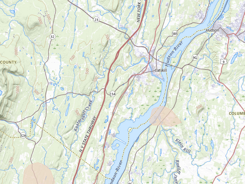Radar-estimated hail-size map of the storm over Catskill, NY on Jul 4, 2026