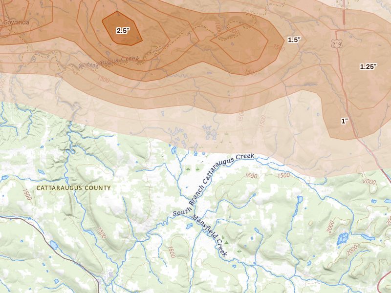 Radar-estimated hail-size map of the storm over Cattaraugus, NY on Mar 31, 2026