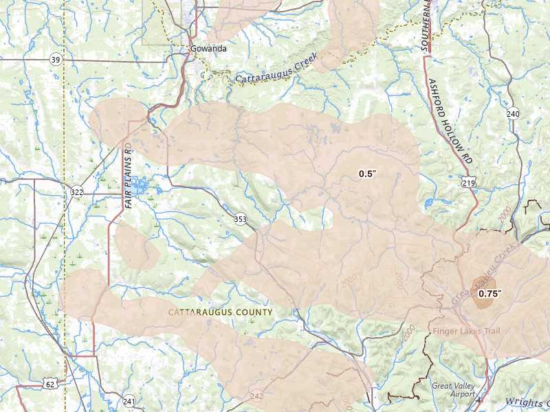 Radar-estimated hail-size map of the storm over Cattaraugus, NY on Sep 2, 2026