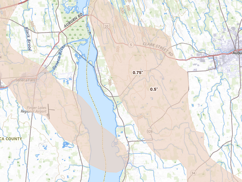 Radar-estimated hail-size map of the storm over Cayuga, NY on Jun 30, 2026
