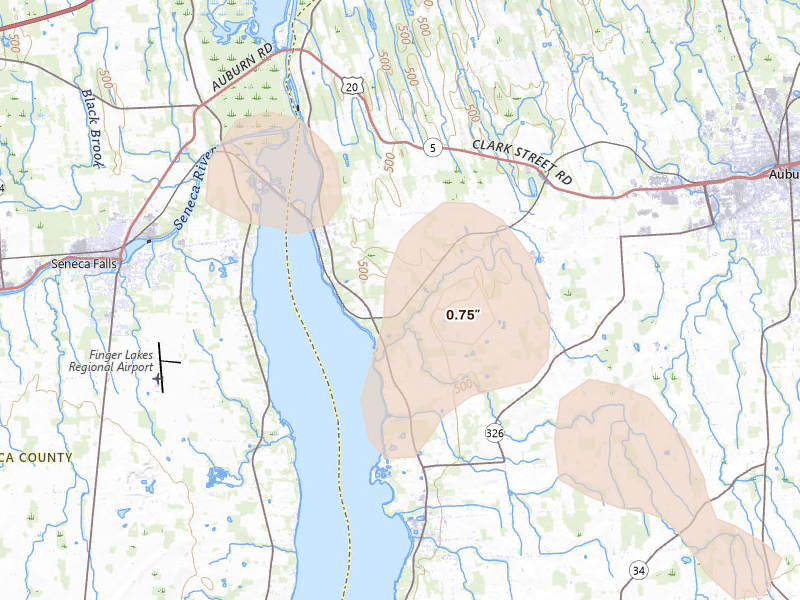 Radar-estimated hail-size map of the storm over Cayuga, NY on Jul 3, 2026