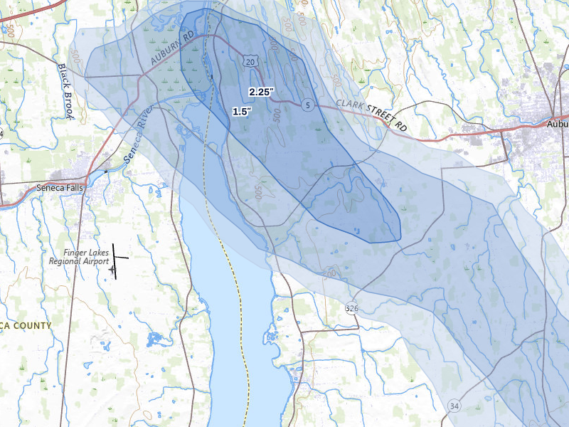 NEXRAD radar-signature map of the hail storm over Cayuga, NY on Jul 3, 2026