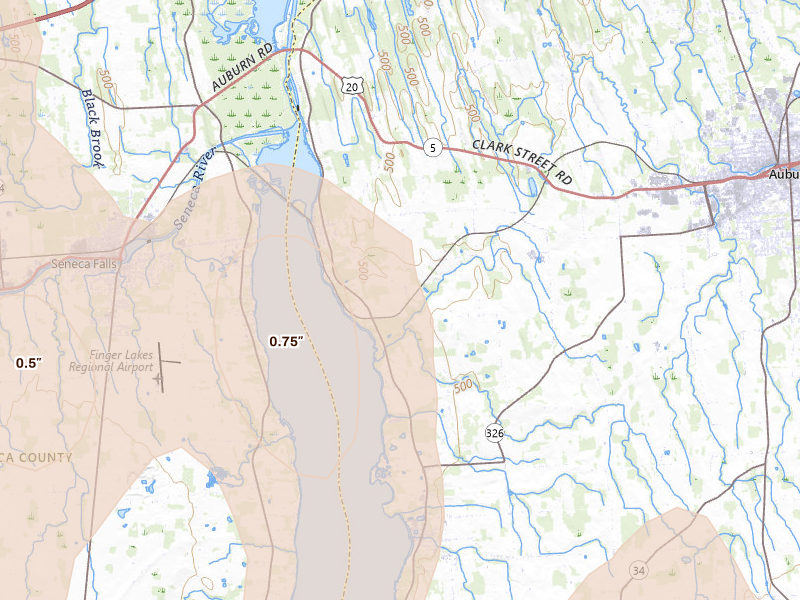 Radar-estimated hail-size map of the storm over Cayuga, NY on Sep 2, 2026