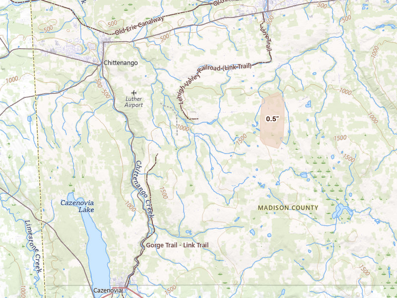 Radar-estimated hail-size map of the storm over Cazenovia, NY on Jul 15, 2026