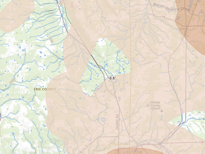 Radar-estimated hail-size map of the storm over Chaffee, NY on Sep 2, 2026