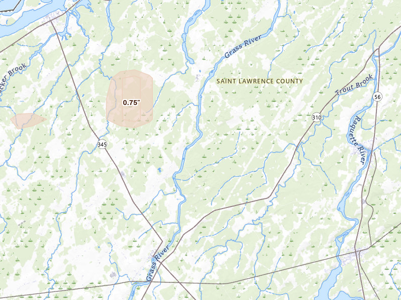 Radar-estimated hail-size map of the storm over Chase Mills, NY on Mar 30, 2026