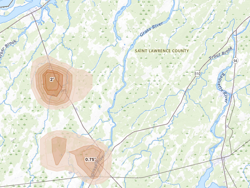 Radar-estimated hail-size map of the storm over Chase Mills, NY on Apr 1, 2026