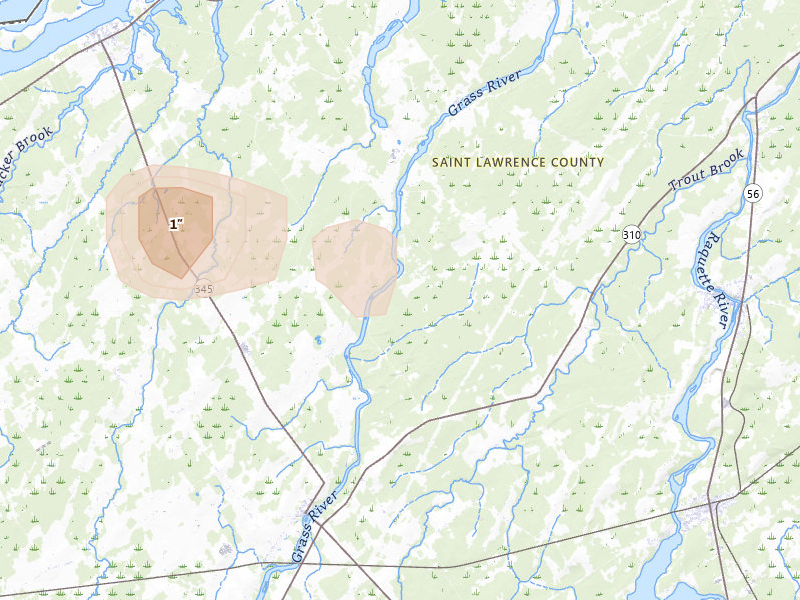 Radar-estimated hail-size map of the storm over Chase Mills, NY on May 16, 2026