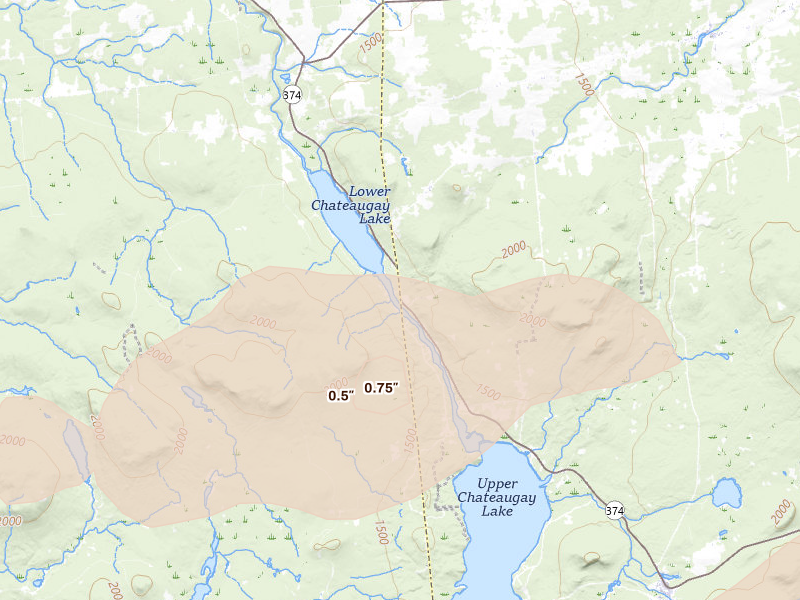 Radar-estimated hail-size map of the storm over Chateaugay, NY on Jul 1, 2026