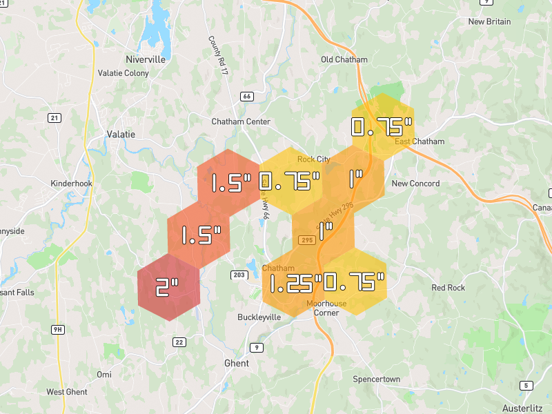 Hail map of Chatham, NY on Jul 3, 2026, hail up to 2"