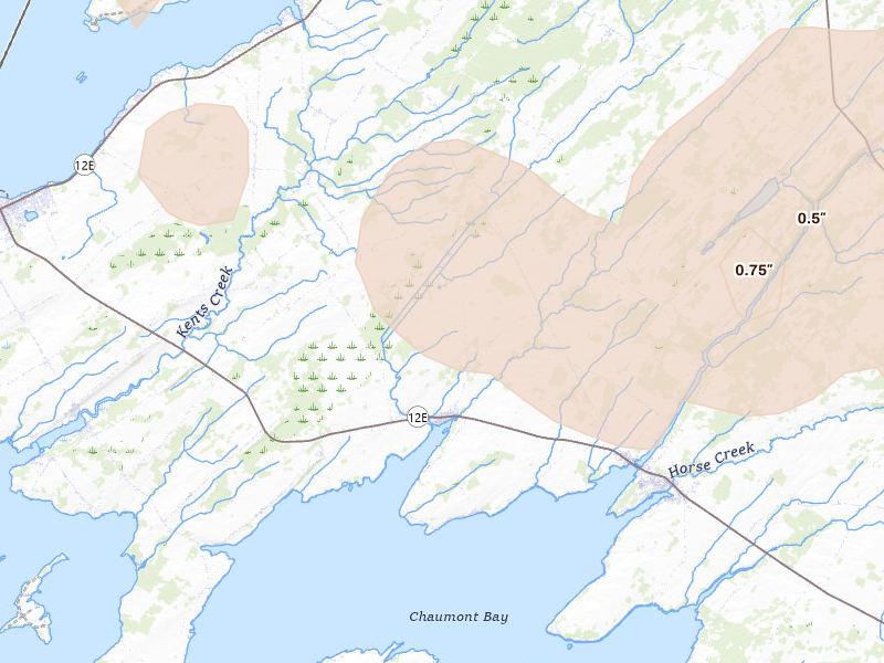 Radar-estimated hail-size map of the storm over Chaumont, NY on Jul 1, 2026
