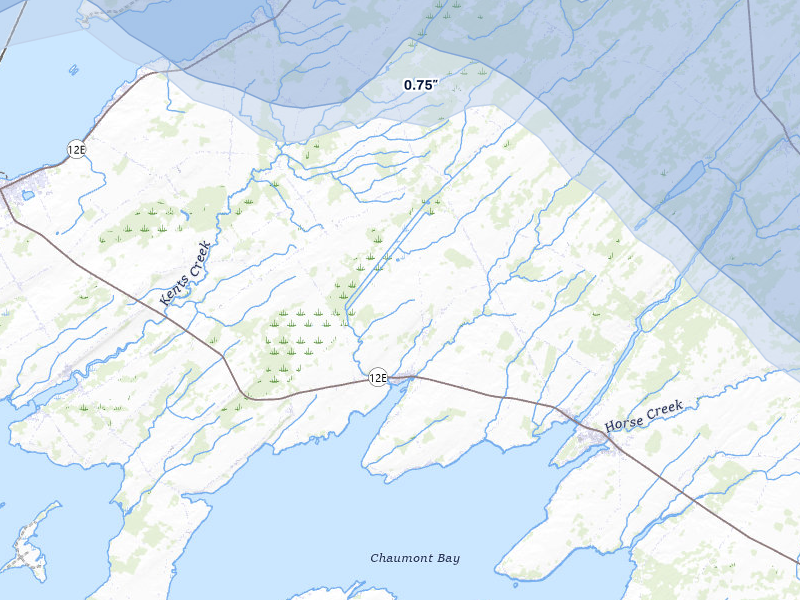 NEXRAD radar-signature map of the hail storm over Chaumont, NY on Jul 1, 2026