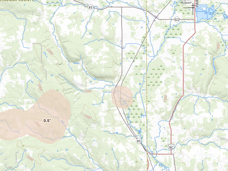 Radar-estimated hail-size map of the storm over Cherry Creek, NY on Jul 27, 2026