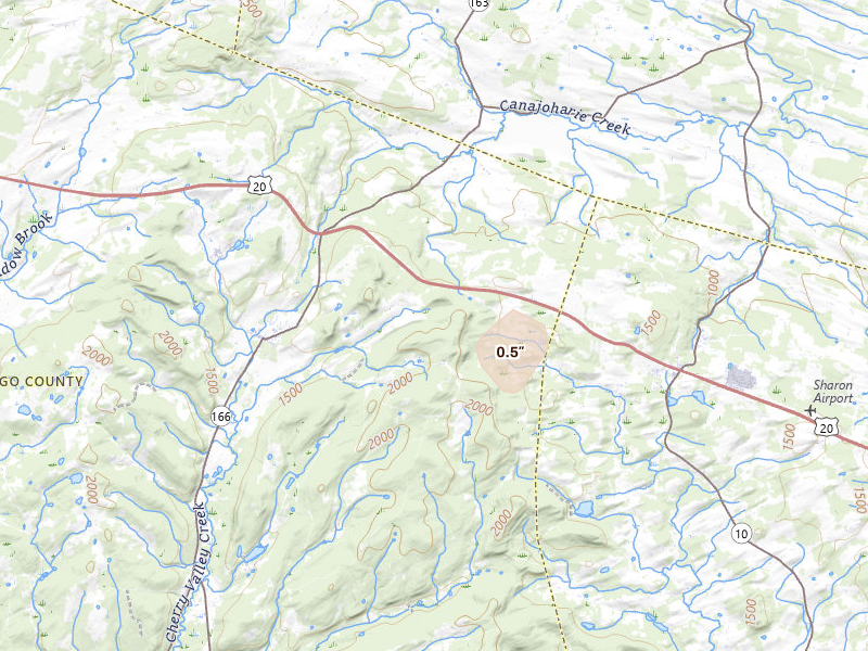 Radar-estimated hail-size map of the storm over Cherry Valley, NY on Jul 1, 2026
