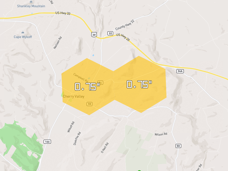 Hail map of Cherry Valley, NY on Jul 2, 2026, hail up to 0.75"
