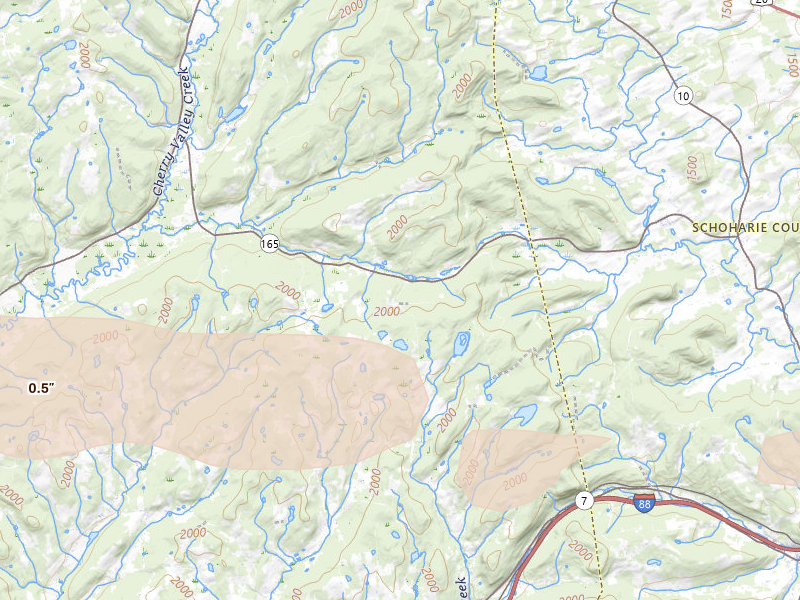 Radar-estimated hail-size map of the storm over Cherry Valley, NY on Aug 27, 2026