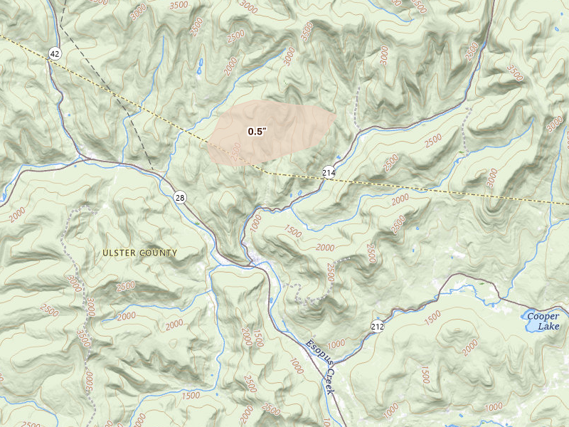 Radar-estimated hail-size map of the storm over Chichester, NY on Aug 7, 2026