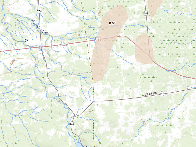 Radar-estimated hail-size map of the storm over Churubusco, NY on Jun 15, 2026