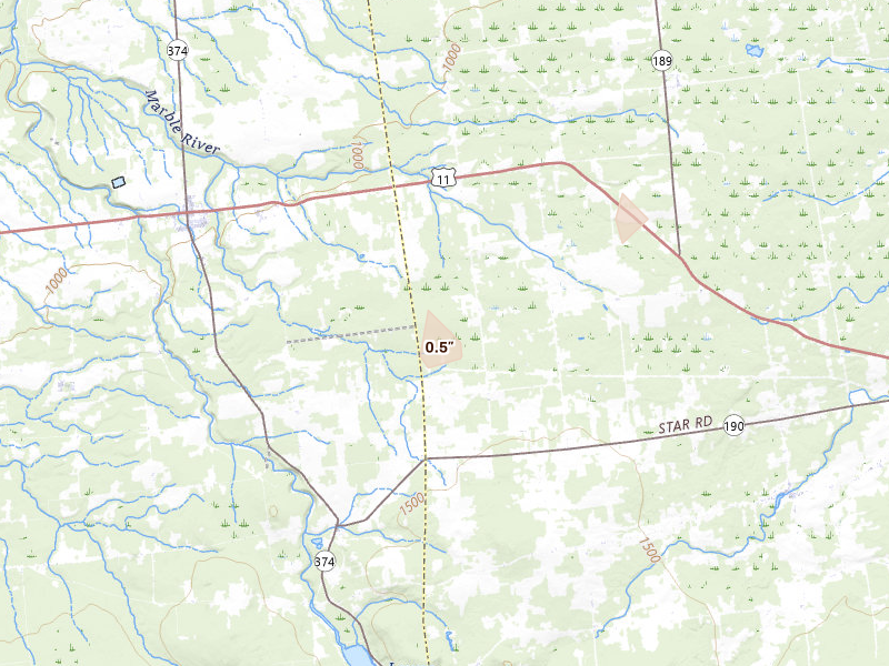 Radar-estimated hail-size map of the storm over Churubusco, NY on Jun 16, 2026