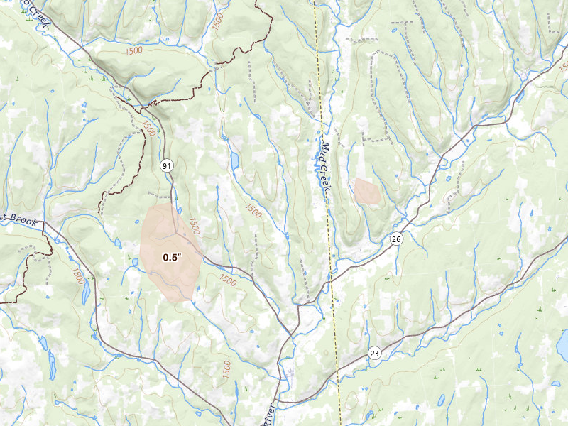 Radar-estimated hail-size map of the storm over Cincinnatus, NY on Jul 26, 2026