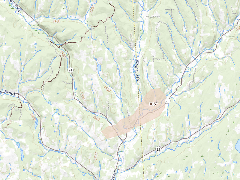 Radar-estimated hail-size map of the storm over Cincinnatus, NY on Jul 27, 2026