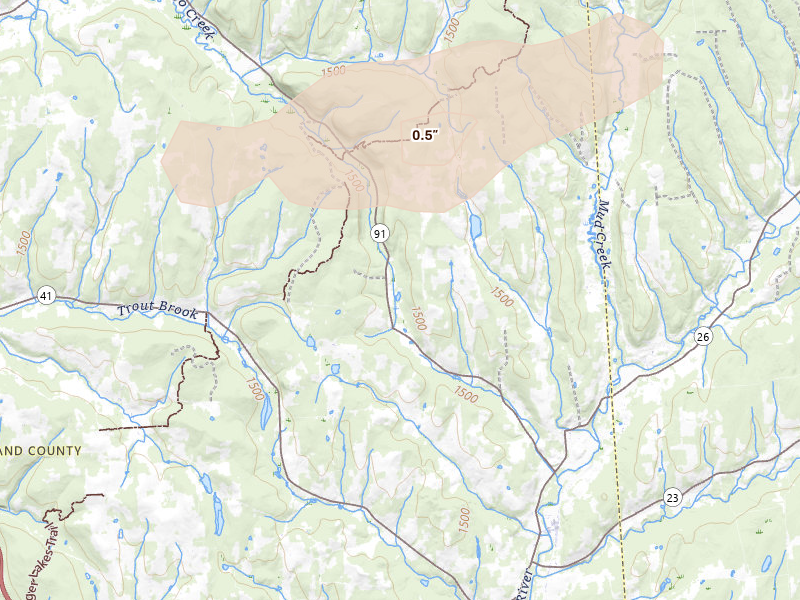 Radar-estimated hail-size map of the storm over Cincinnatus, NY on Aug 27, 2026