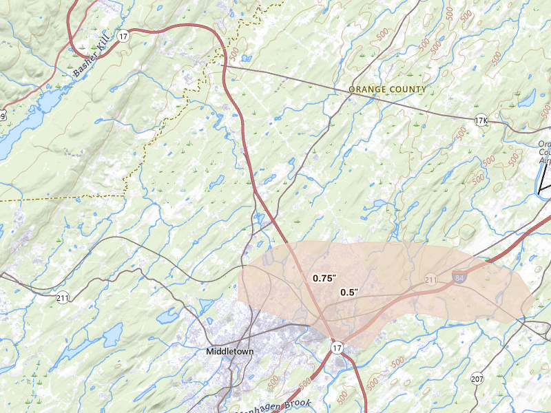 Radar-estimated hail-size map of the storm over Circleville, NY on Aug 8, 2026