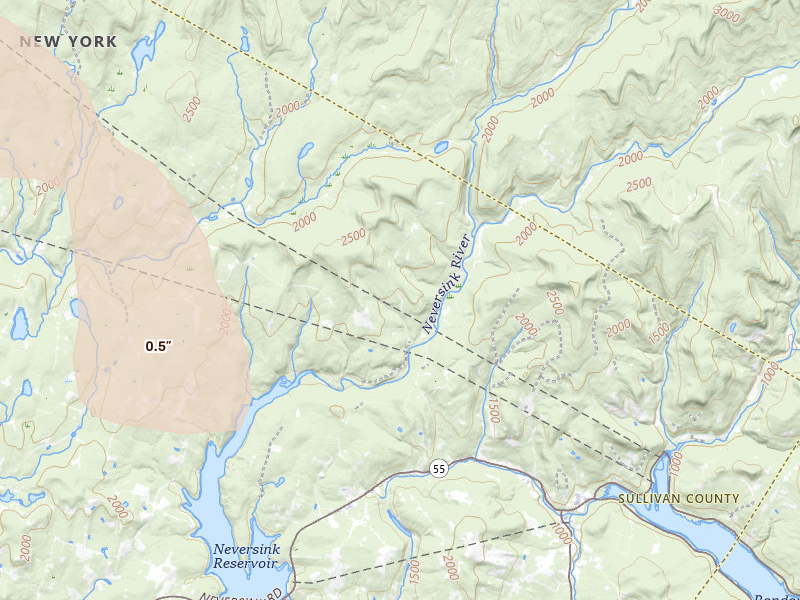 Radar-estimated hail-size map of the storm over Claryville, NY on Jul 1, 2026