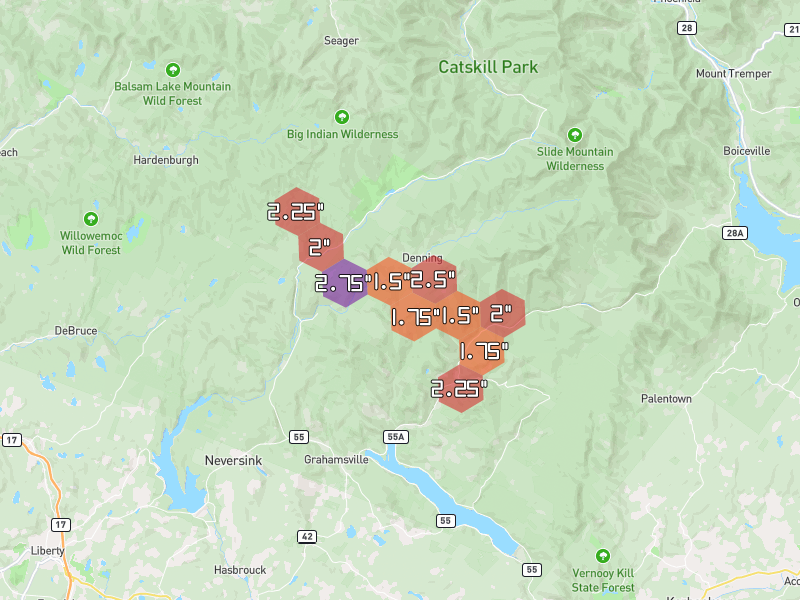Hail map of Claryville, NY on Jul 4, 2026, hail up to 2.75"