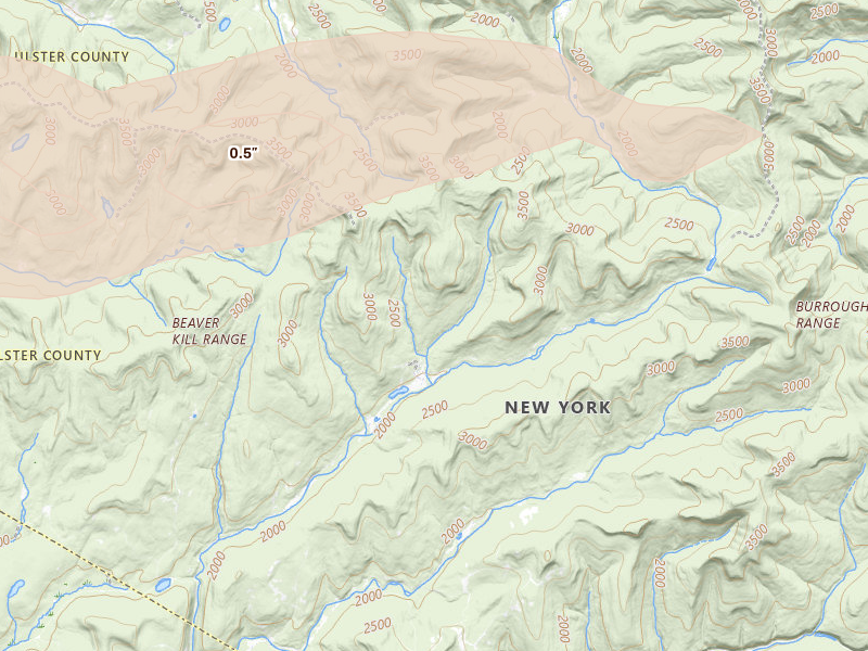 Radar-estimated hail-size map of the storm over Claryville, NY on Aug 27, 2026