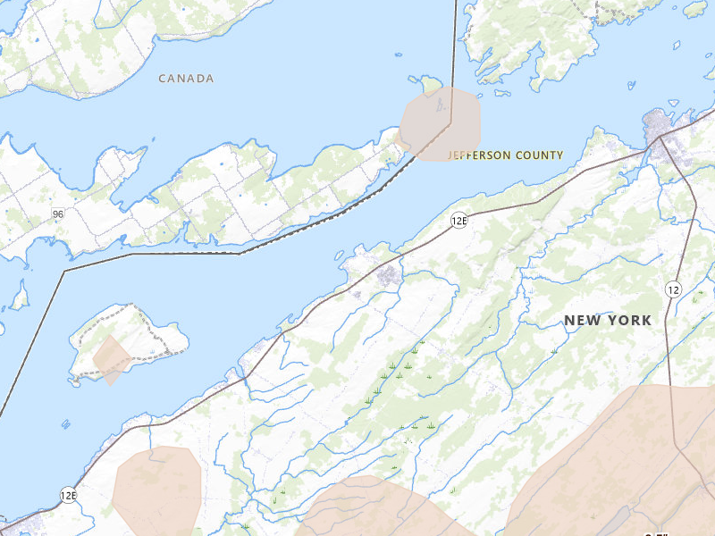 Radar-estimated hail-size map of the storm over Clayton, NY on Jul 1, 2026
