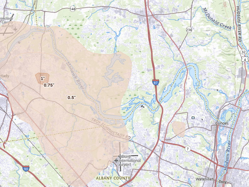 Radar-estimated hail-size map of the storm over Clifton Park, NY on Jul 1, 2026