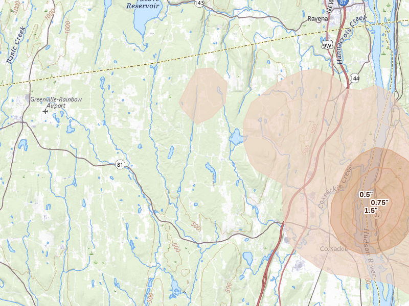 Radar-estimated hail-size map of the storm over Climax, NY on Jul 2, 2026