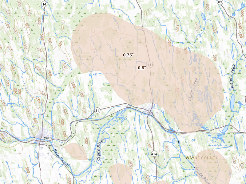 Radar-estimated hail-size map of the storm over Clyde, NY on Jun 30, 2026