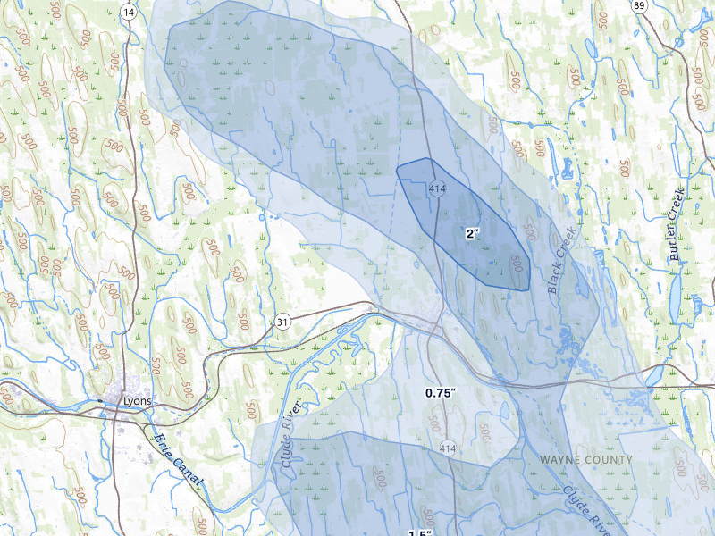NEXRAD radar-signature map of the hail over Clyde, NY