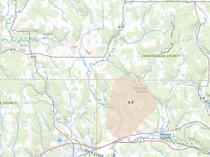 Radar-estimated hail-size map of the storm over Clymer, NY on Jul 27, 2026