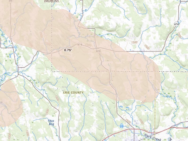 Radar-estimated hail-size map of the storm over Clymer, NY on Sep 1, 2026