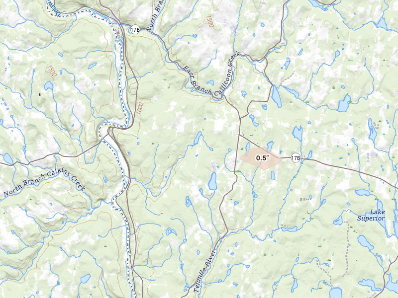 Radar-estimated hail-size map of the storm over Cochecton, NY on Jul 1, 2026