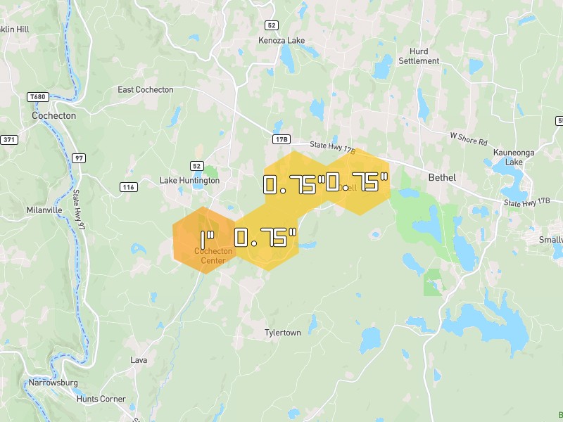 Hail map of Cochecton, NY on Jul 1, 2026, hail up to 1"