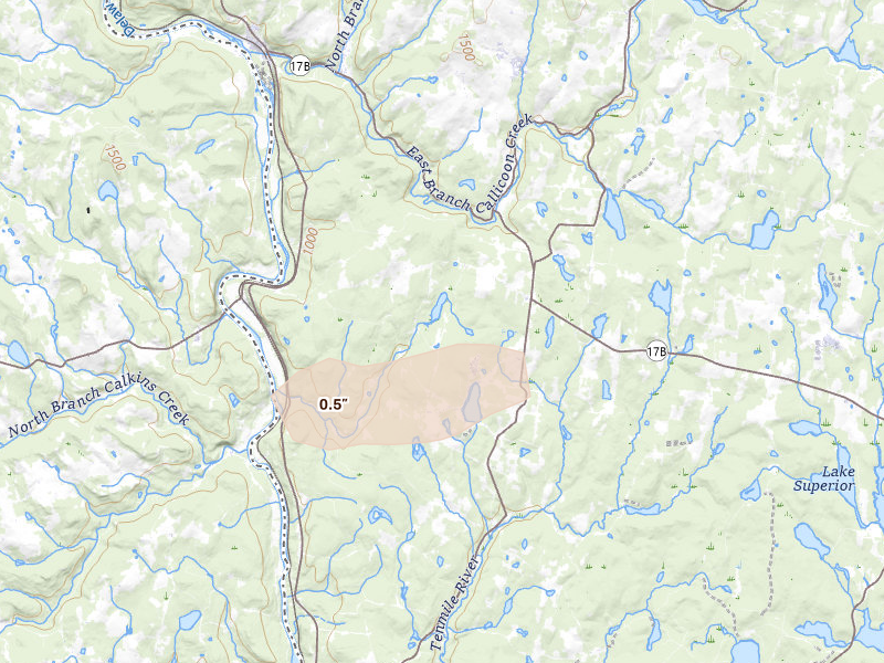 Radar-estimated hail-size map of the storm over Cochecton, NY on Aug 27, 2026