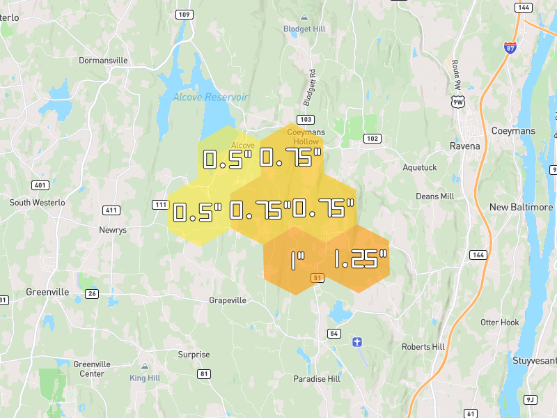 Hail map of Coeymans Hollow, NY on Jul 1, 2026, hail up to 1.25"