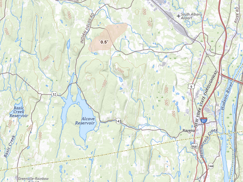 Radar-estimated hail-size map of the storm over Coeymans Hollow, NY on Aug 1, 2026