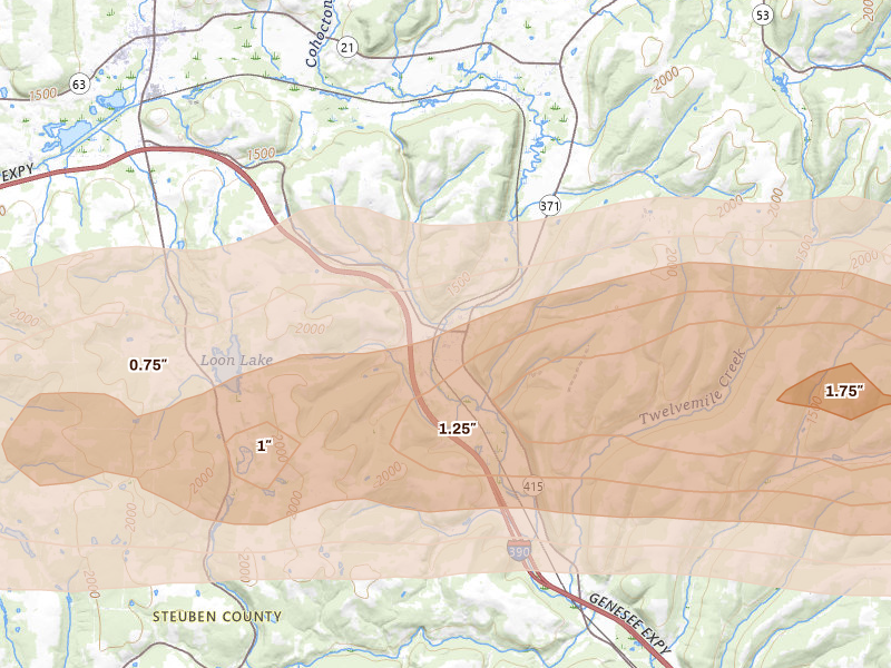 Radar-estimated hail-size map of the storm over Cohocton, NY on Mar 31, 2026