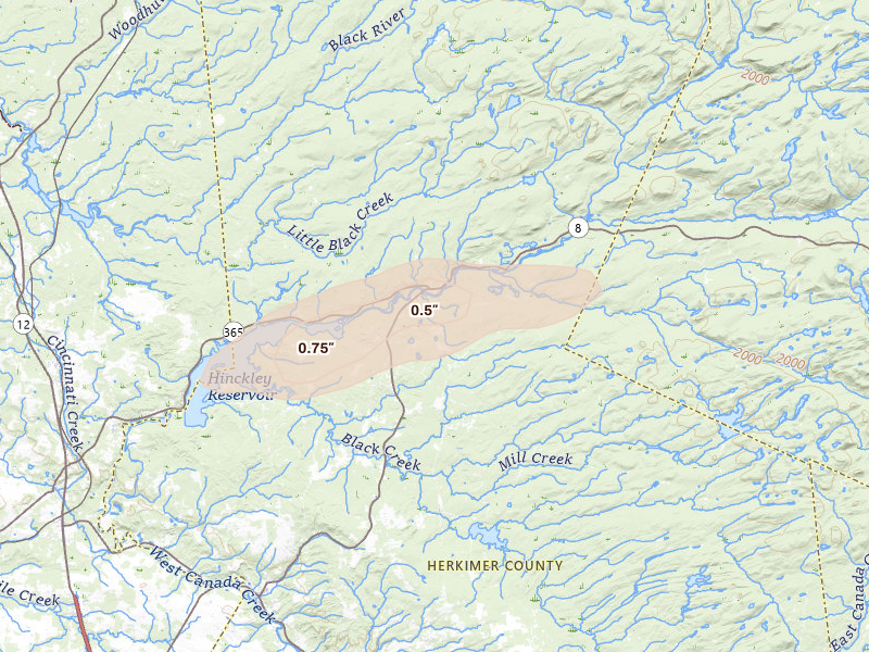 Radar-estimated hail-size map of the storm over Cold Brook, NY on Aug 27, 2026