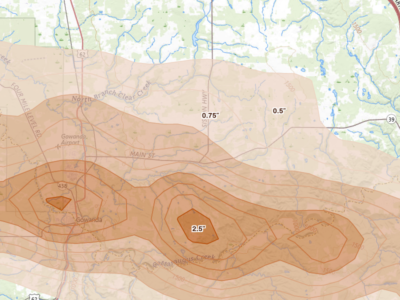 Radar-estimated hail-size map of the storm over Collins, NY on Mar 31, 2026