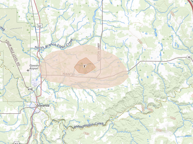 Radar-estimated hail-size map of the storm over Collins, NY on Jul 27, 2026