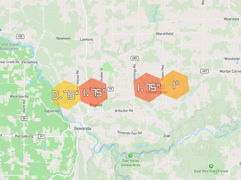 Hail map of Collins, NY on Jul 28, 2026, hail up to 1.75"