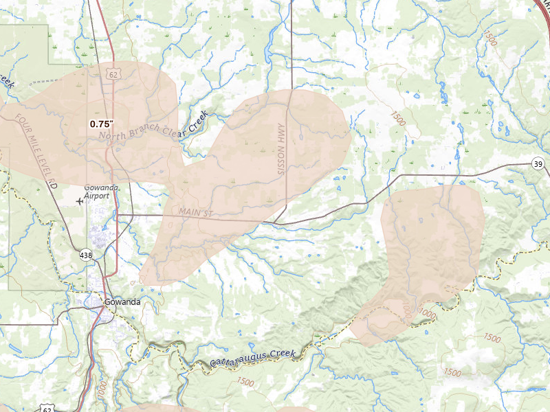 Radar-estimated hail-size map of the storm over Collins, NY on Sep 2, 2026