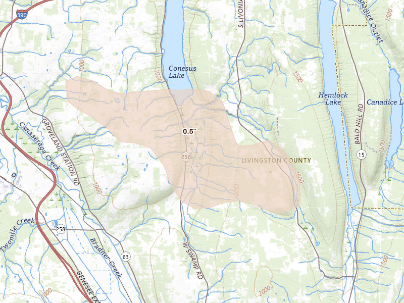 Radar-estimated hail-size map of the storm over Conesus, NY on Sep 2, 2026
